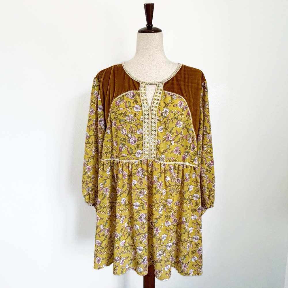 Suzanne Betro Top Womens 3X Plus Yellow Floral Velvet Boho Peasant Baby Doll